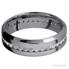7 mm wide/High Bevel/Tantalum band with an Eternity arrangement of .03 carat Round Lab Grown Diamond stones in a Channel setting.