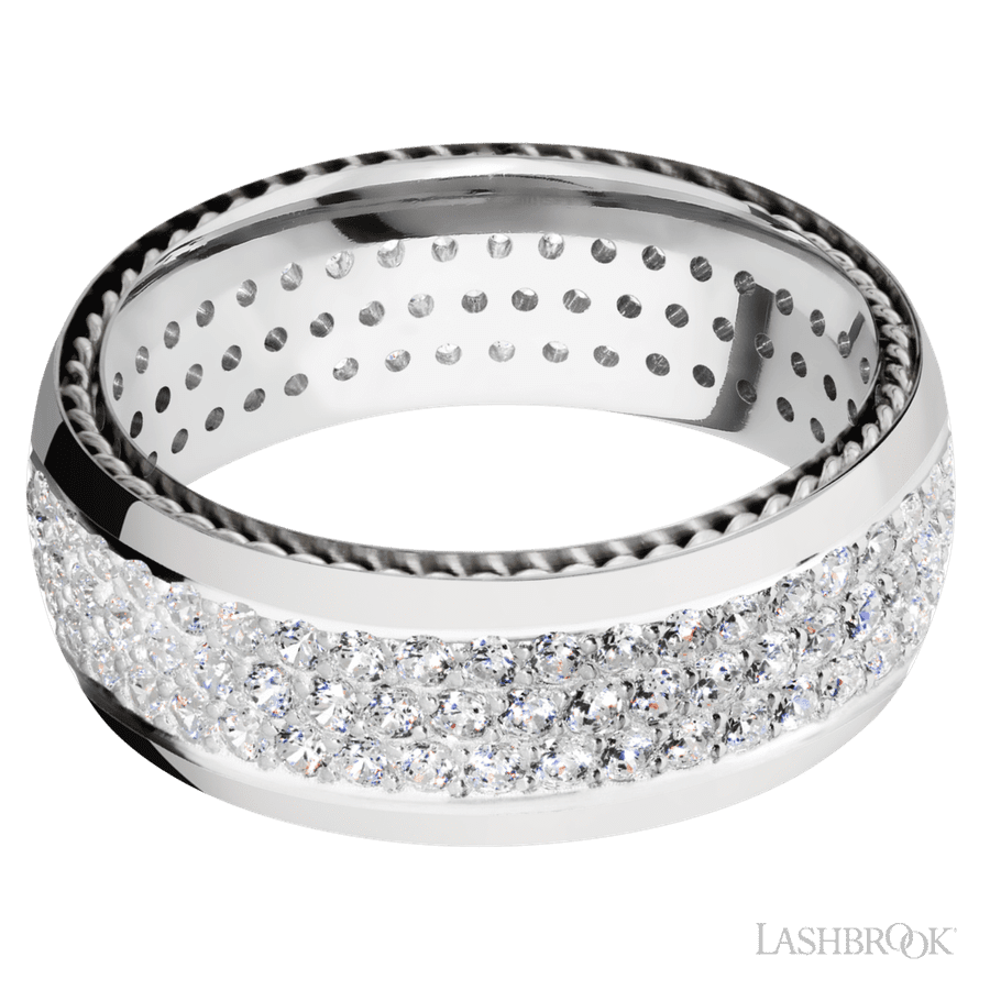 8 mm wide/Domed/14K White Gold band with  two 1 mm Sidebraid inlays of 14K White Gold and featuring a 3 Row Eternity arrangement of .015 carat Round Diamond stones in a Bead Channel setting
