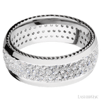 8 mm wide/Domed/14K White Gold band with  two 1 mm Sidebraid inlays of 14K White Gold and featuring a 3 Row Eternity arrangement of .015 carat Round Diamond stones in a Bead Channel setting