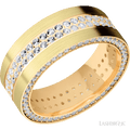 8 mm wide/Flat/14K Yellow Gold band with a Side Eternity arrangement of .01 carat Round Diamond stones in a Bead Channel setting and featuring a a 2 Row Eternity arrangement of .015 carat Round Diamond stones in a Bead Channel setting 