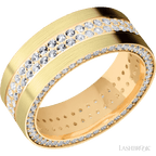 8 mm wide/Flat/14K Yellow Gold band with a Side Eternity arrangement of .01 carat Round Diamond stones in a Bead Channel setting and featuring a a 2 Row Eternity arrangement of .015 carat Round Diamond stones in a Bead Channel setting 