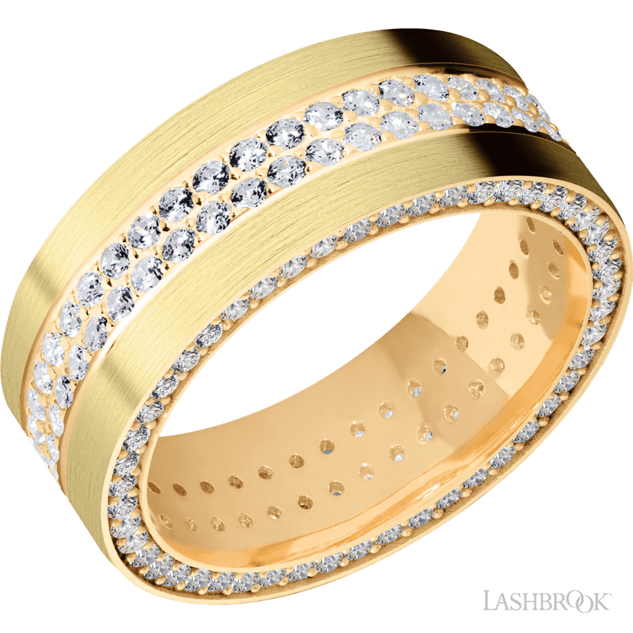 8 mm wide/Flat/14K Yellow Gold band with a Side Eternity arrangement of .01 carat Round Diamond stones in a Bead Channel setting and featuring a a 2 Row Eternity arrangement of .015 carat Round Diamond stones in a Bead Channel setting 