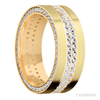 8 mm wide/Flat/14K Yellow Gold band with a Side Eternity arrangement of .01 carat Round Diamond stones in a Bead Channel setting and featuring a a 2 Row Eternity arrangement of .015 carat Round Diamond stones in a Bead Channel setting