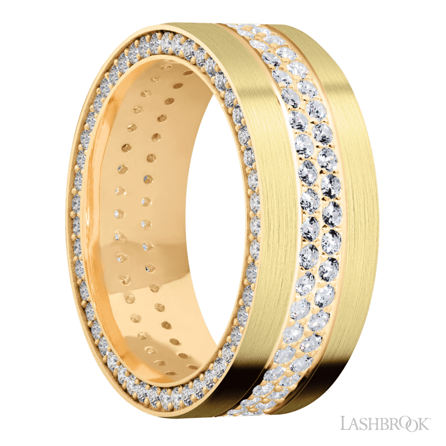 8 mm wide/Flat/14K Yellow Gold band with a Side Eternity arrangement of .01 carat Round Diamond stones in a Bead Channel setting and featuring a a 2 Row Eternity arrangement of .015 carat Round Diamond stones in a Bead Channel setting