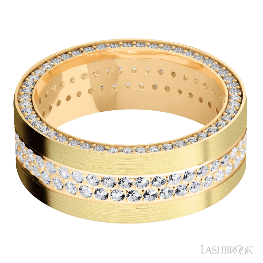 8 mm wide/Flat/14K Yellow Gold band with a Side Eternity arrangement of .01 carat Round Diamond stones in a Bead Channel setting and featuring a a 2 Row Eternity arrangement of .015 carat Round Diamond stones in a Bead Channel setting
