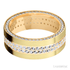 8 mm wide/Flat/14K Yellow Gold band with a Side Eternity arrangement of .01 carat Round Diamond stones in a Bead Channel setting and featuring a a 2 Row Eternity arrangement of .015 carat Round Diamond stones in a Bead Channel setting
