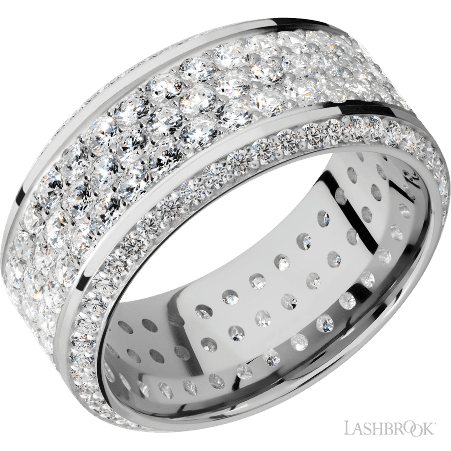 10 mm wide/High Bevel/14K White Gold band with a Bevel Eternity arrangement of .01 carat Round Diamond stones in a Bead setting and featuring a a 3 Row Eternity arrangement of .03 carat Round Diamond stones in a Bead Channel setting 