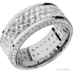 10 mm wide/High Bevel/14K White Gold band with a Bevel Eternity arrangement of .01 carat Round Diamond stones in a Bead setting and featuring a a 3 Row Eternity arrangement of .03 carat Round Diamond stones in a Bead Channel setting 