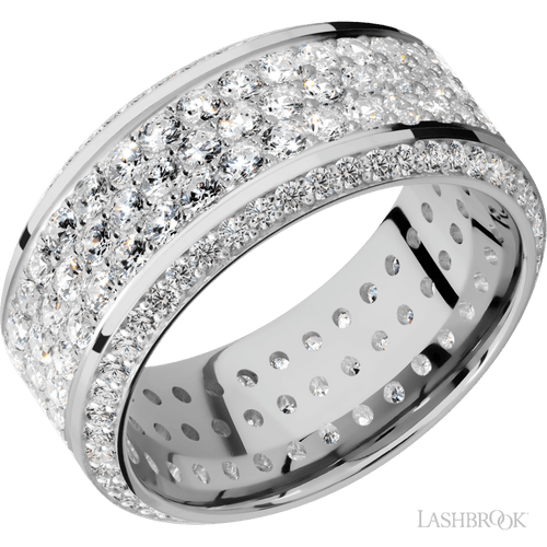 10 mm wide/High Bevel/14K White Gold band with a Bevel Eternity arrangement of .01 carat Round Diamond stones in a Bead setting and featuring a a 3 Row Eternity arrangement of .03 carat Round Diamond stones in a Bead Channel setting