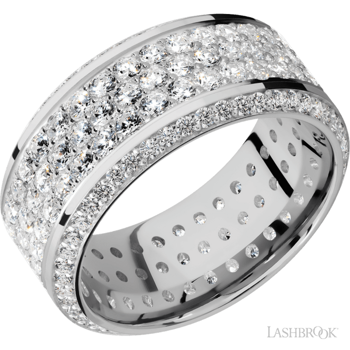 10 mm wide/High Bevel/14K White Gold band with a Bevel Eternity arrangement of .01 carat Round Diamond stones in a Bead setting and featuring a a 3 Row Eternity arrangement of .03 carat Round Diamond stones in a Bead Channel setting