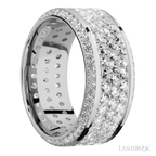 10 mm wide/High Bevel/14K White Gold band with a Bevel Eternity arrangement of .01 carat Round Diamond stones in a Bead setting and featuring a a 3 Row Eternity arrangement of .03 carat Round Diamond stones in a Bead Channel setting