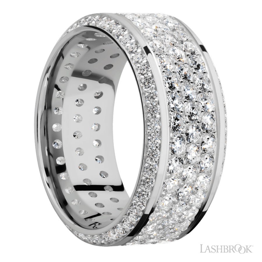 10 mm wide/High Bevel/14K White Gold band with a Bevel Eternity arrangement of .01 carat Round Diamond stones in a Bead setting and featuring a a 3 Row Eternity arrangement of .03 carat Round Diamond stones in a Bead Channel setting
