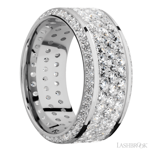 10 mm wide/High Bevel/14K White Gold band with a Bevel Eternity arrangement of .01 carat Round Diamond stones in a Bead setting and featuring a a 3 Row Eternity arrangement of .03 carat Round Diamond stones in a Bead Channel setting