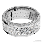 10 mm wide/High Bevel/14K White Gold band with a Bevel Eternity arrangement of .01 carat Round Diamond stones in a Bead setting and featuring a a 3 Row Eternity arrangement of .03 carat Round Diamond stones in a Bead Channel setting