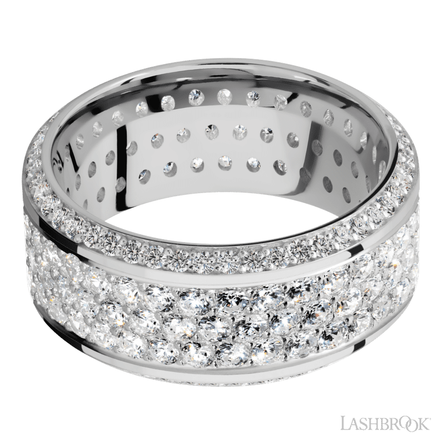 10 mm wide/High Bevel/14K White Gold band with a Bevel Eternity arrangement of .01 carat Round Diamond stones in a Bead setting and featuring a a 3 Row Eternity arrangement of .03 carat Round Diamond stones in a Bead Channel setting