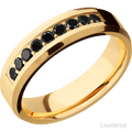 "6 mm wide/Beveled/14K Yellow Gold band with an  arrangement of 9, .05 carat Round Black Diamond stones in a Bead Channel setting."