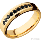 "6 mm wide/Beveled/14K Yellow Gold band with an  arrangement of 9, .05 carat Round Black Diamond stones in a Bead Channel setting."