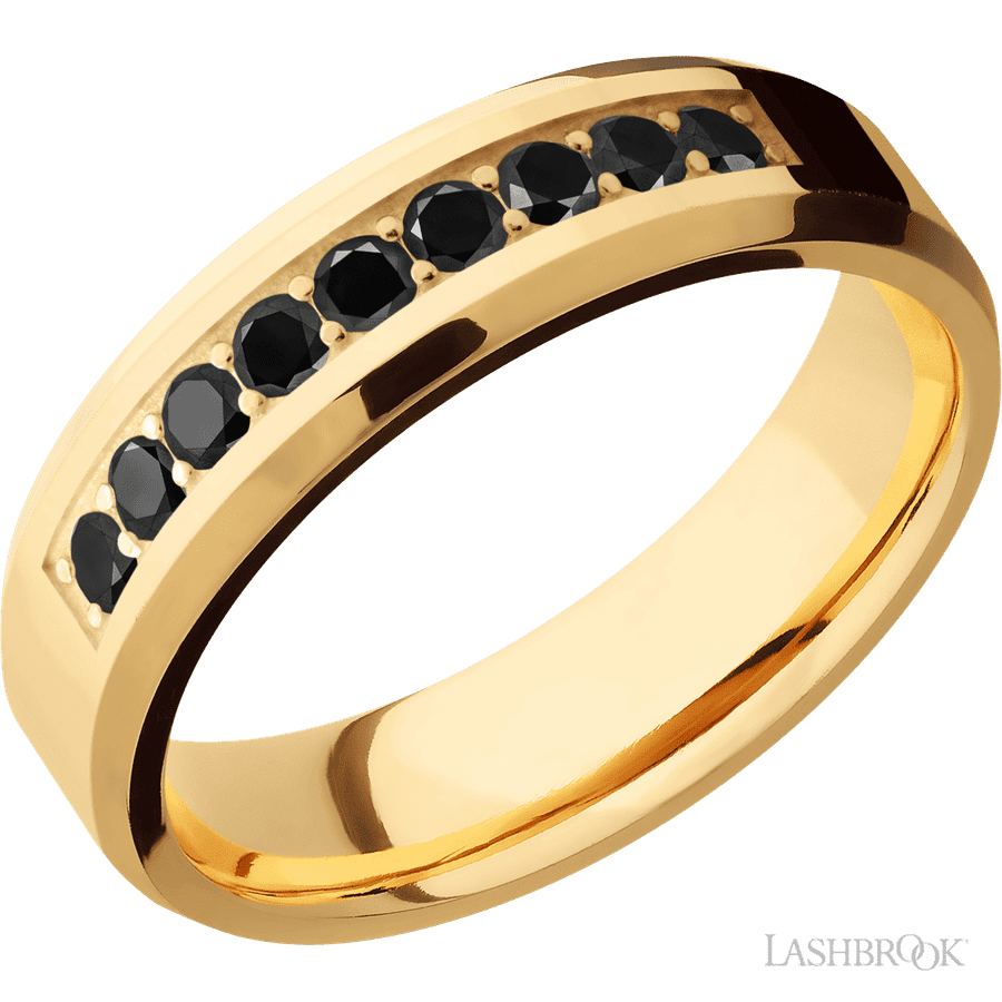 "6 mm wide/Beveled/14K Yellow Gold band with an  arrangement of 9, .05 carat Round Black Diamond stones in a Bead Channel setting."