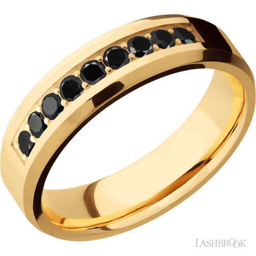 "6 mm wide/Beveled/14K Yellow Gold band with an  arrangement of 9, .05 carat Round Black Diamond stones in a Bead Channel setting."