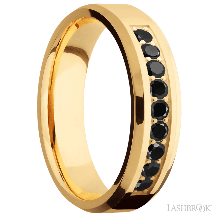 "6 mm wide/Beveled/14K Yellow Gold band with an  arrangement of 9, .05 carat Round Black Diamond stones in a Bead Channel setting."