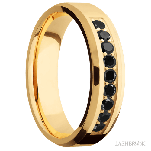 "6 mm wide/Beveled/14K Yellow Gold band with an  arrangement of 9, .05 carat Round Black Diamond stones in a Bead Channel setting."