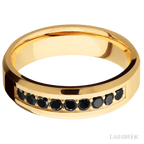 "6 mm wide/Beveled/14K Yellow Gold band with an  arrangement of 9, .05 carat Round Black Diamond stones in a Bead Channel setting."