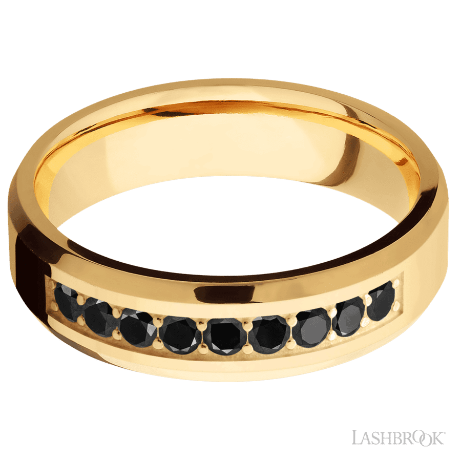 "6 mm wide/Beveled/14K Yellow Gold band with an  arrangement of 9, .05 carat Round Black Diamond stones in a Bead Channel setting."