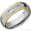 "7 mm wide/Domed Stepped Down Edges/Cobalt Chrome band with  two 1 mm Edge inlays of 14K Yellow Gold and featuring an  arrangement of 9, .05 carat Round Diamond stones in a Channel setting"