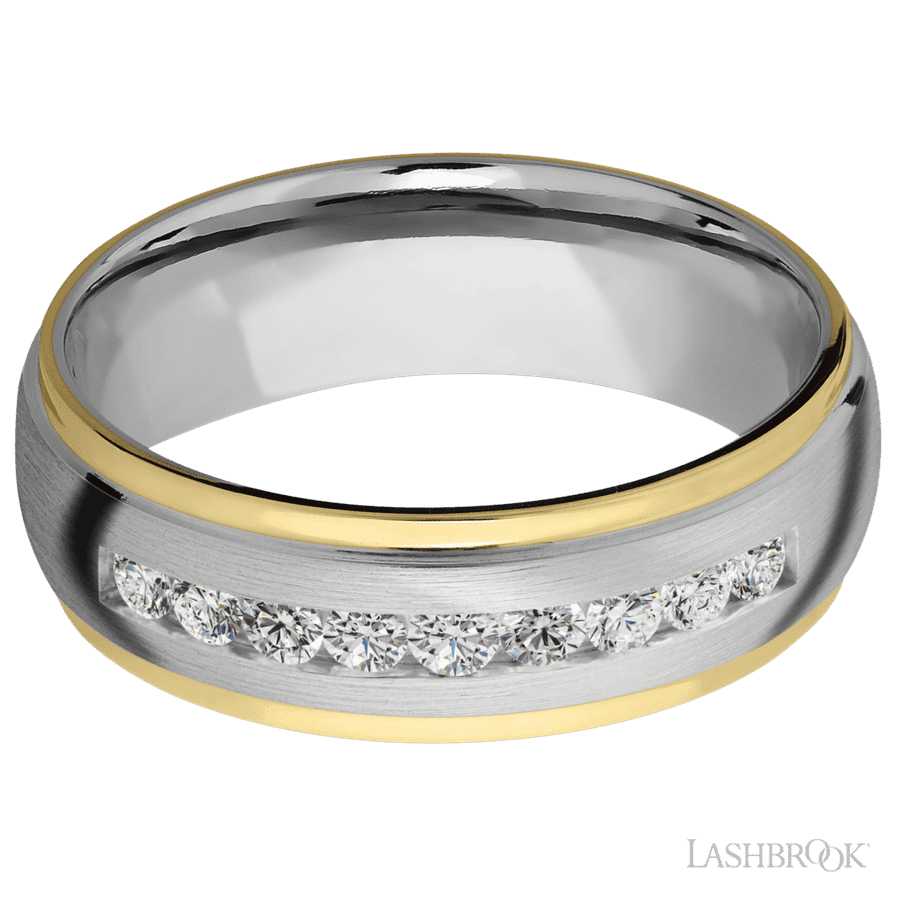 "7 mm wide/Domed Stepped Down Edges/Cobalt Chrome band with  two 1 mm Edge inlays of 14K Yellow Gold and featuring an  arrangement of 9, .05 carat Round Diamond stones in a Channel setting"