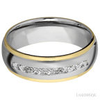 "7 mm wide/Domed Stepped Down Edges/Cobalt Chrome band with  two 1 mm Edge inlays of 14K Yellow Gold and featuring an  arrangement of 9, .05 carat Round Diamond stones in a Channel setting"
