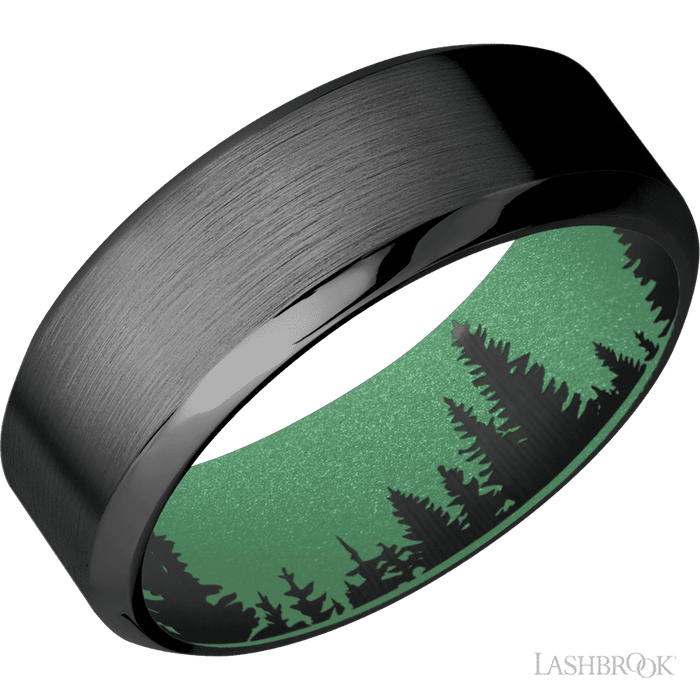 8 mm wide High Bevel Zirconium band featuring a Squatch sleeve.