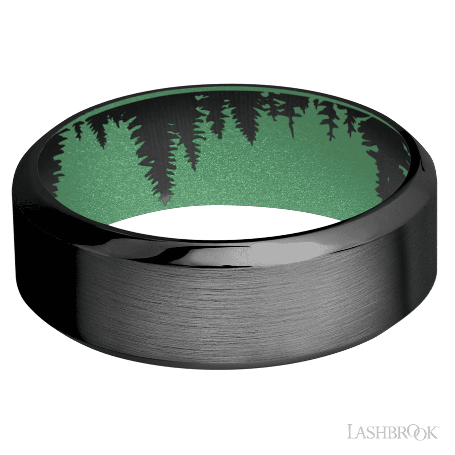 8 mm wide High Bevel Zirconium band featuring a Squatch sleeve.