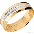7 mm wide/High Bevel/14K Yellow Gold band with a 2 Row Eternity arrangement of .015 carat Round Diamond stones in a Bead Channel setting.