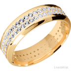7 mm wide/High Bevel/14K Yellow Gold band with a 2 Row Eternity arrangement of .015 carat Round Diamond stones in a Bead Channel setting.