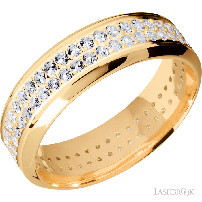 7 mm wide/High Bevel/14K Yellow Gold band with a 2 Row Eternity arrangement of .015 carat Round Diamond stones in a Bead Channel setting.