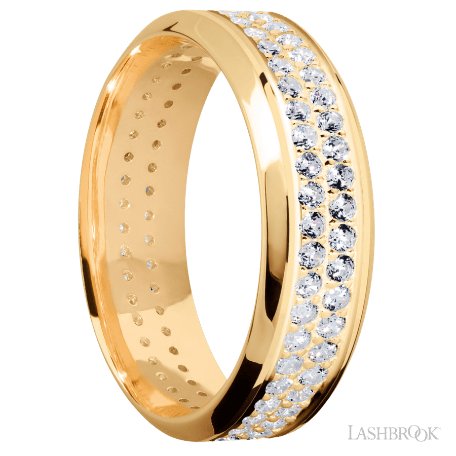 7 mm wide/High Bevel/14K Yellow Gold band with a 2 Row Eternity arrangement of .015 carat Round Diamond stones in a Bead Channel setting.