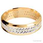 7 mm wide/High Bevel/14K Yellow Gold band with a 2 Row Eternity arrangement of .015 carat Round Diamond stones in a Bead Channel setting.