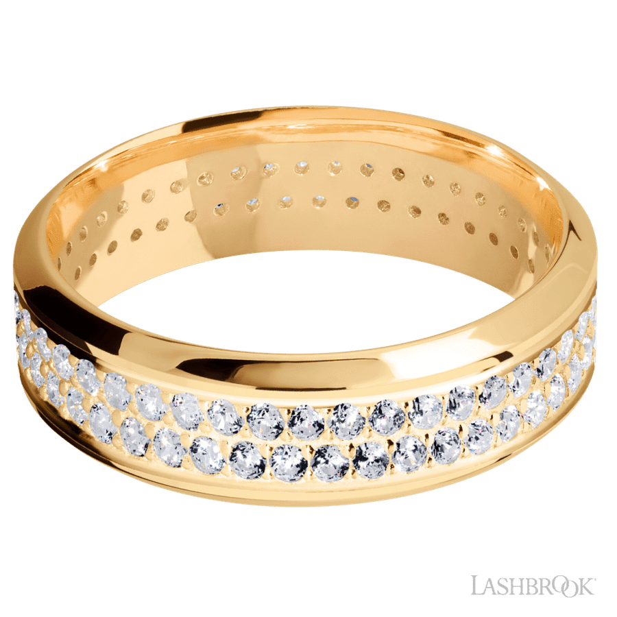 7 mm wide/High Bevel/14K Yellow Gold band with a 2 Row Eternity arrangement of .015 carat Round Diamond stones in a Bead Channel setting.
