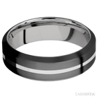 7 mm wide/High Bevel/Zirconium band with one 1 mm Centered inlay of Palladium Silver also featuring a Palladium Silver sleeve.