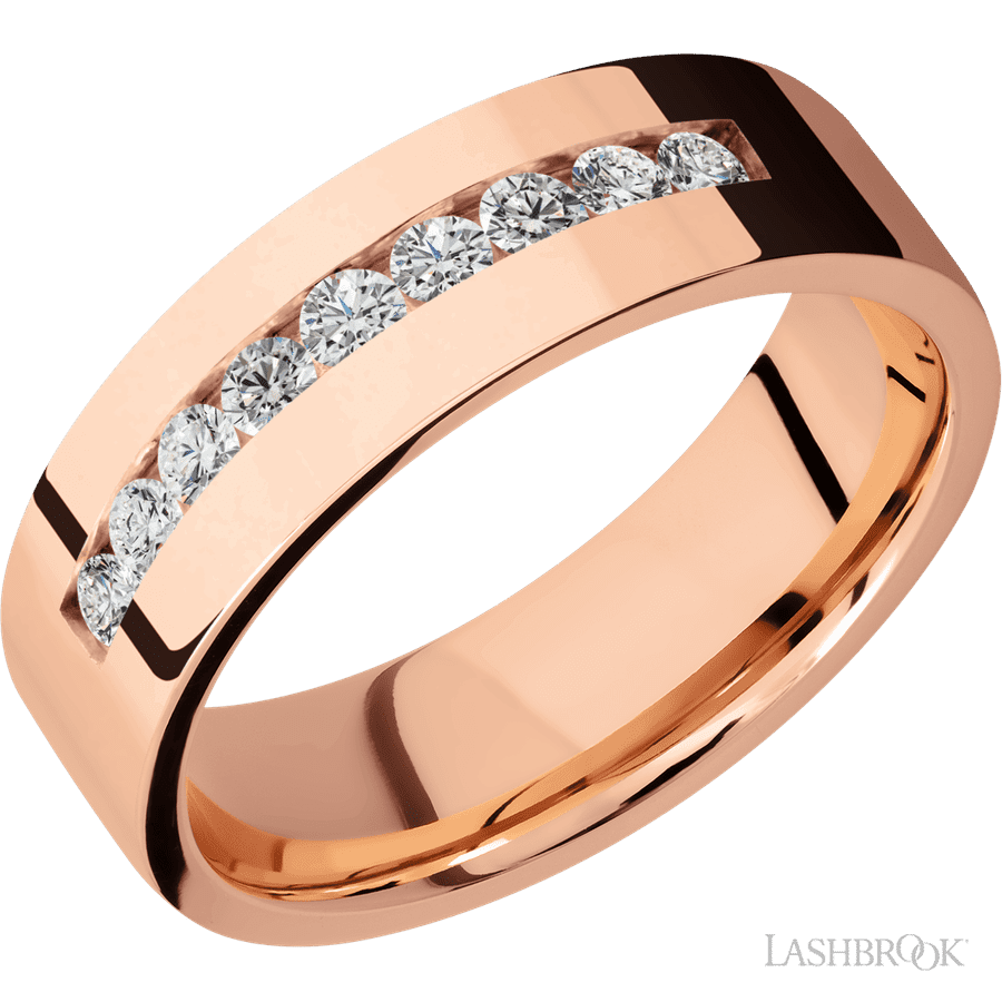 "7 mm wide/Flat/14K Rose Gold band with an  arrangement of 9, .05 carat Round Diamond stones in a Channel setting."