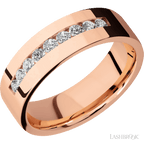 "7 mm wide/Flat/14K Rose Gold band with an  arrangement of 9, .05 carat Round Diamond stones in a Channel setting."
