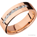 7 mm wide/Flat/14K Rose Gold band with an  arrangement of 9, .05 carat Round Diamond stones in a Channel setting.