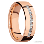 "7 mm wide/Flat/14K Rose Gold band with an  arrangement of 9, .05 carat Round Diamond stones in a Channel setting."
