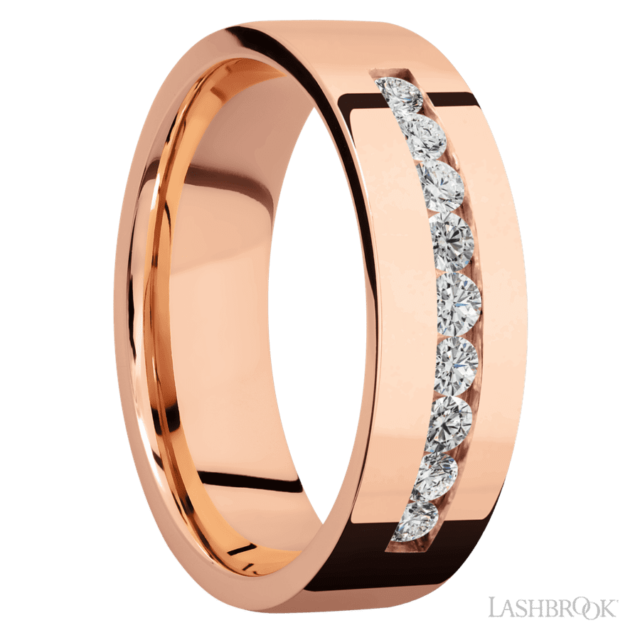 "7 mm wide/Flat/14K Rose Gold band with an  arrangement of 9, .05 carat Round Diamond stones in a Channel setting."