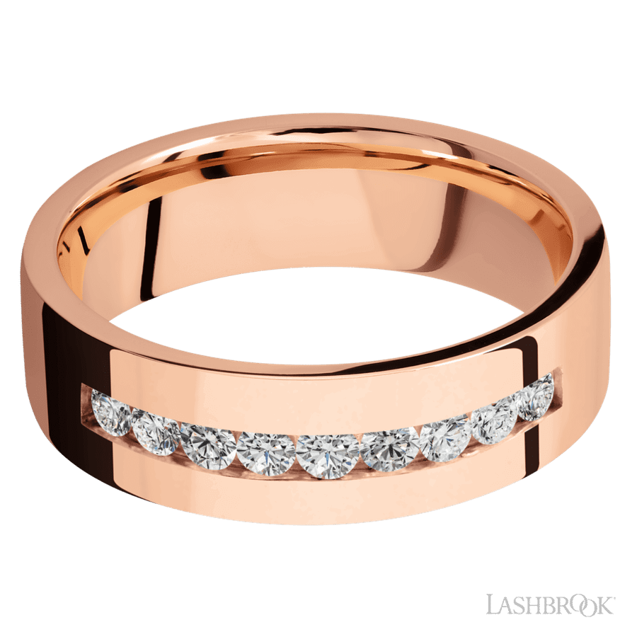 "7 mm wide/Flat/14K Rose Gold band with an  arrangement of 9, .05 carat Round Diamond stones in a Channel setting."