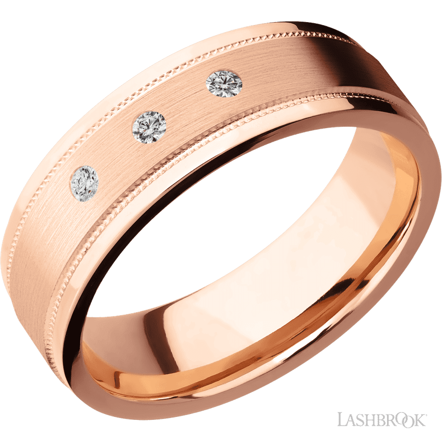 "7 mm wide/Flat Stepped Edges Milgrain/14K Rose Gold band with an  arrangement of 3, .03 carat Round Diamond stones in a Flush setting."