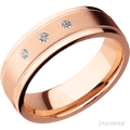 "7 mm wide/Flat Stepped Edges Milgrain/14K Rose Gold band with an  arrangement of 3, .03 carat Round Diamond stones in a Flush setting."