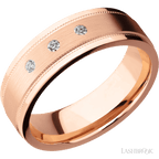 "7 mm wide/Flat Stepped Edges Milgrain/14K Rose Gold band with an  arrangement of 3, .03 carat Round Diamond stones in a Flush setting."