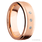 "7 mm wide/Flat Stepped Edges Milgrain/14K Rose Gold band with an  arrangement of 3, .03 carat Round Diamond stones in a Flush setting."