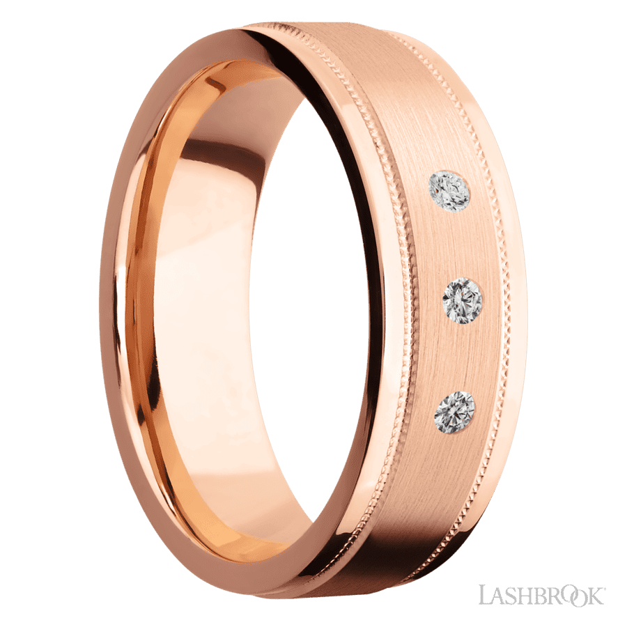 "7 mm wide/Flat Stepped Edges Milgrain/14K Rose Gold band with an  arrangement of 3, .03 carat Round Diamond stones in a Flush setting."